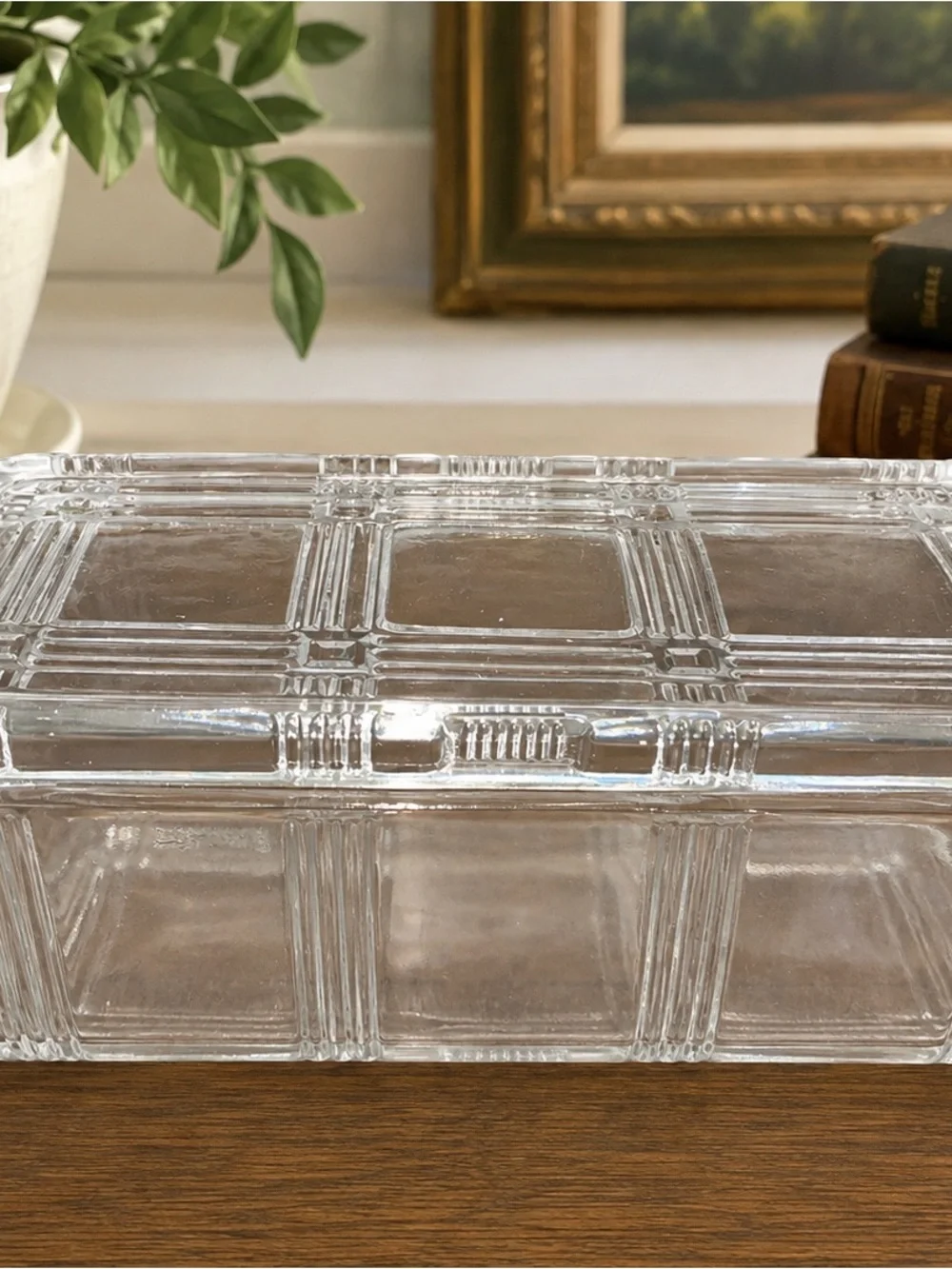 Vintage Clear Pressed Glass Refrigerator Dish w/ Lid Art Deco